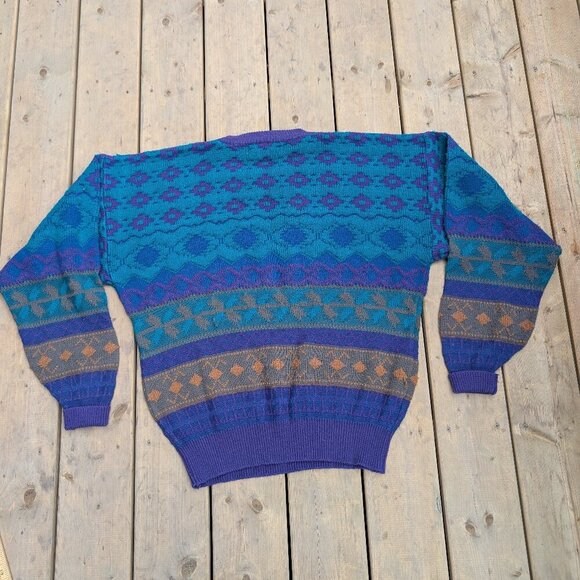 Vintage 90s Intermission Aztec Geometric Knit Sweater - Teal Purple Blue XL - Picture 7 of 8